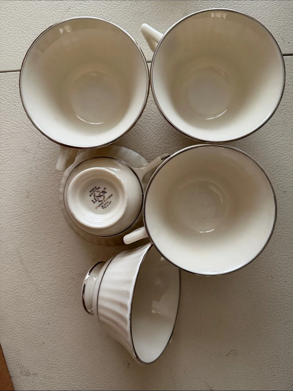 5 Lenox Cream Porcelain Teacups with Silver Trim